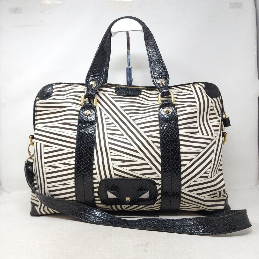 Henri Bendel Laptop Bag Disturbed Stripe Brown Black Canvas Leather Briefcase - Picture 2 of 16